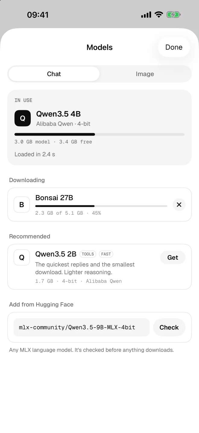 Rock's Models screen: Qwen3.5 4B in use with its memory bar, Bonsai 27B downloading, Qwen3.5 2B recommended